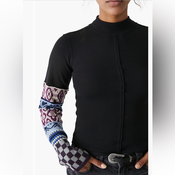 We The Free People Gorgeous Cuff Thermal Top XS Knit Sleeve Thumbhole Fair Isle - Picture 5 of 14